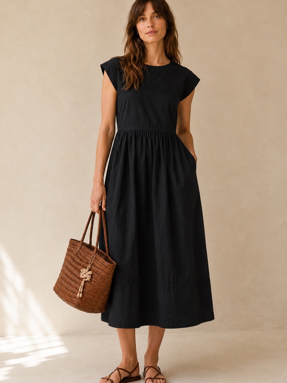 THE GREAT. Black Cotton Sleeveless Drop Waist Midi Dress Size 2/ Medium NWT